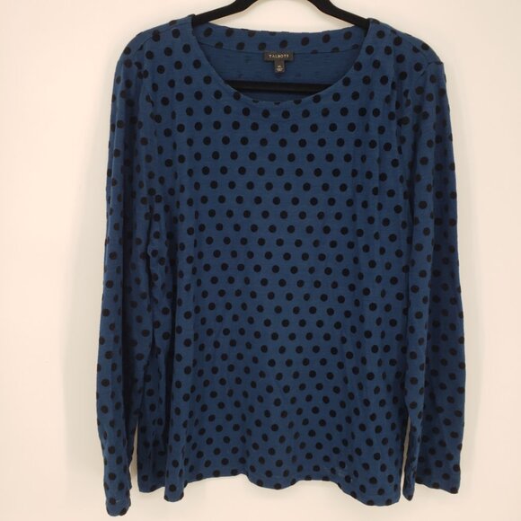 ❤️2/$15 or 3/$21❤️Talbots Blue w/Black Velvet Polka Dots L/S Top, Size XL - Picture 1 of 7